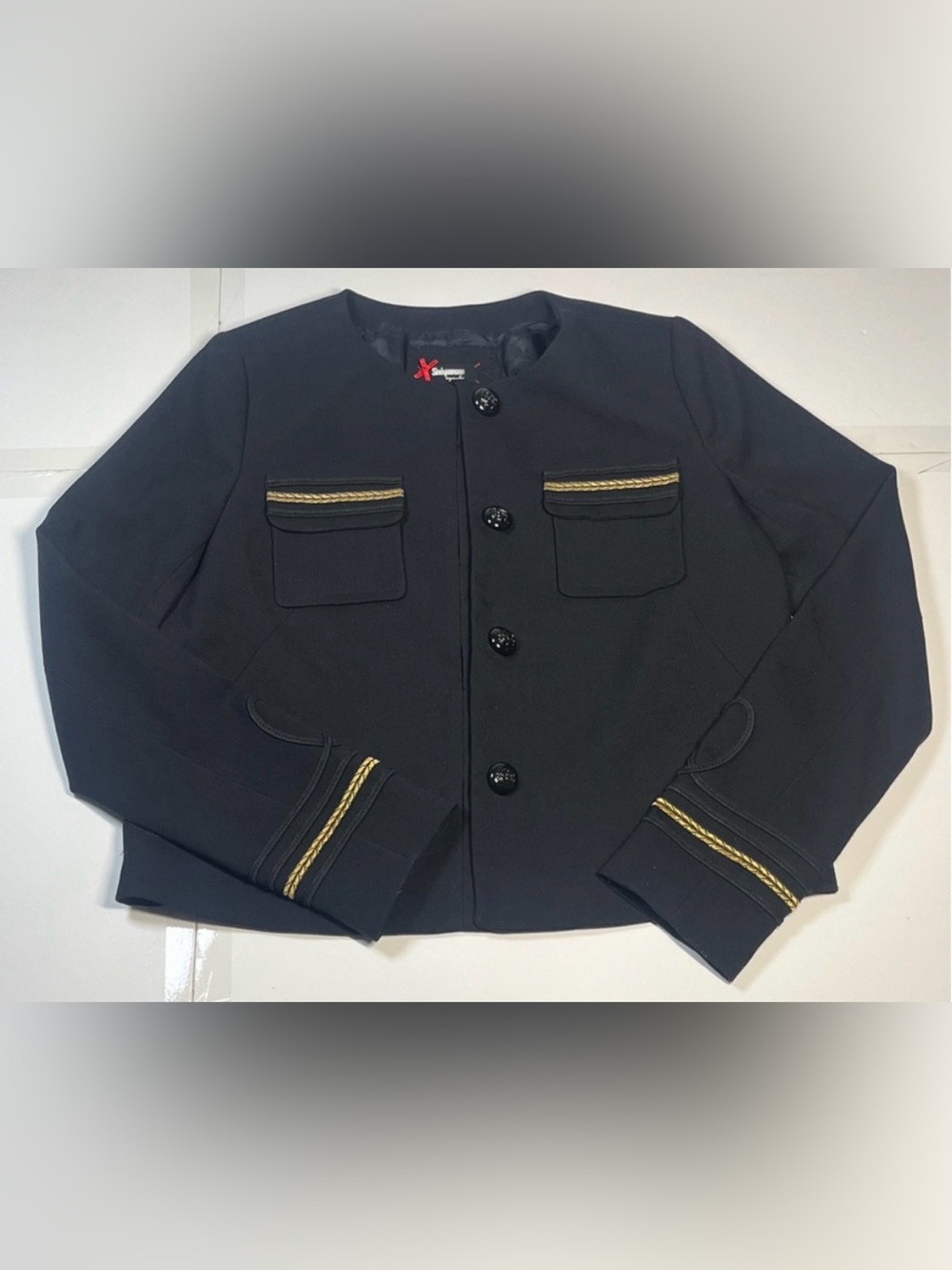 SINEQUANONE Womens Military Jacket Embroidered Crop Button Front Black Gold Goth